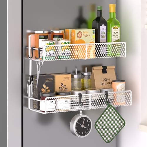 Image of Magnetic Spice Rack for Refrigerator, 2 Pack 100% Metal Strong Magnet Shelf, Space Saving Spice Organizer W/ Hooks, Movable Magnetic Fridge Shelf, Kitchen Home Laundry Room Storage Organization, White