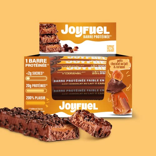 JOYFUEL Barritas de proteínas – Sabor chocolate con leche y caramelo –  2 g de azúcar – 20 g de proteína – Caja de 12 barritas x 55 g