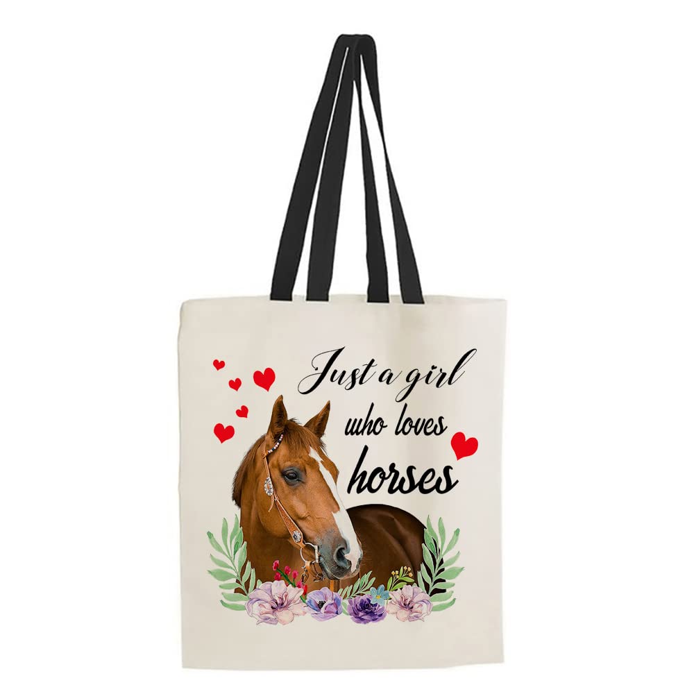 Just a Girl Horse Lover's Shoulder Bag - Horse Riding Gifts for Girls, Cotton Shopping Tote - Black Handle