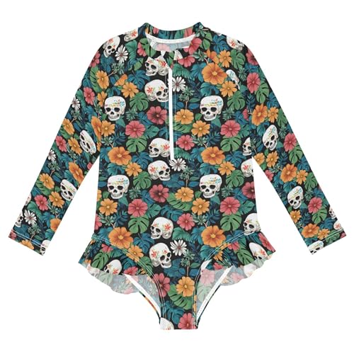 Skull Flower Girls Long Sleeve Rashguard Swimsuit UV Protection One-Piece Swimwear Bathing Suit B0404456