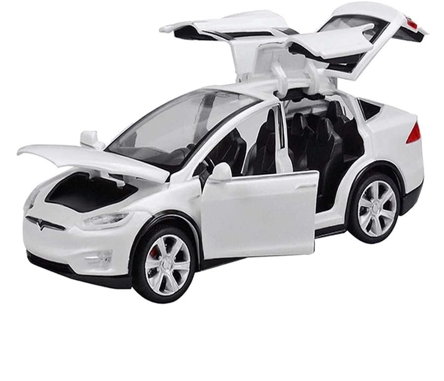 Image of 1:32 Scale Car Tesla Model X90 Alloy 1 /32 Diecast Model Car w /Sound & Light Pull Back Model Mini Vehicles Toys for Kids (White)