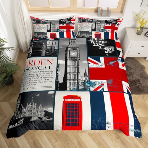 London Comforter Cover Romantic City Building Bedding Set for Teens Boys,Big Bent Duvet Cover United Kingdom Tower Bridge Bed Set Red Telephone Booth Union Jack Flag Bedroom Decor Queen