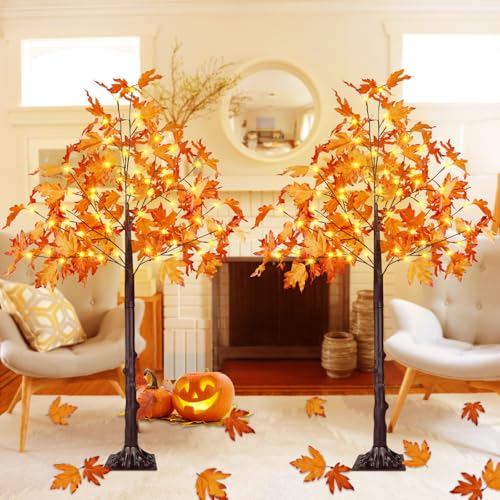 2Pack 4FT 100LED Artificial Lighted Maple Tree, Fall Decor for Home, Maple Tree with Timer Function Prelit Fall Decorations Warm White Light for Indoor Outdoor Autumn Harvest Halloween Thanksgiving