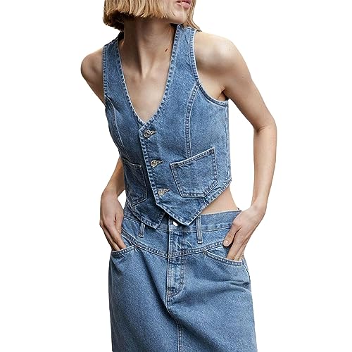 Women Denim Vest Sleeveless Crop Tops Button Denim Gilet Jacket Casual V Neck Jean Waistcoat Y2K Streetwear3