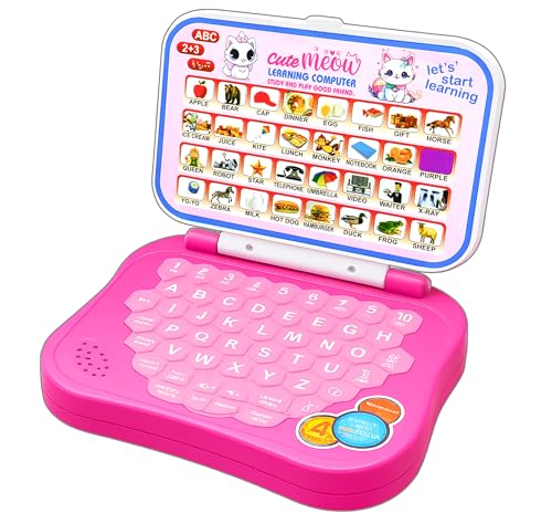 Image of VGRASSP Educational Laptop Toy for Kids with Different Music and Sounds of Scriptures, Alphabets, Words, Spellings, Numbers - Volume Adjustable Function - Convenient Learning Toy - Pink