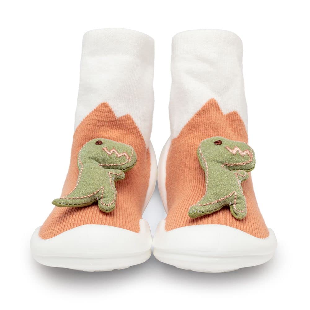 Komuello Baby Toddler Dinosaur Walking Shoes, Easy Slip-on, First Walker, Non-Slip, Soft Cotton, Premium Sock Shoes, Unisex - Size 6 (Tyno, 12-18 Months)