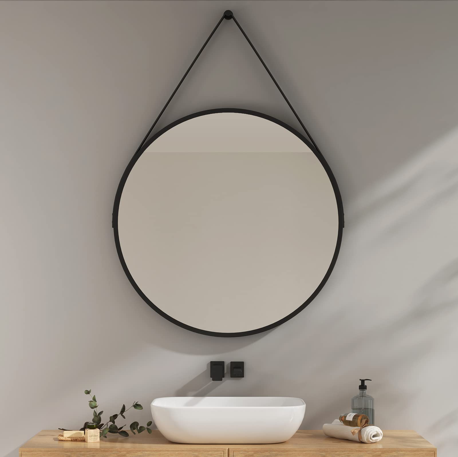 EMKE Round Mirror for Wall - 80cm PU Leather Circle Hanging Mirror, Metal Frame Large Wall Mirror with Strap for Bathroom Bedroom Dressing Room Entryway Decor