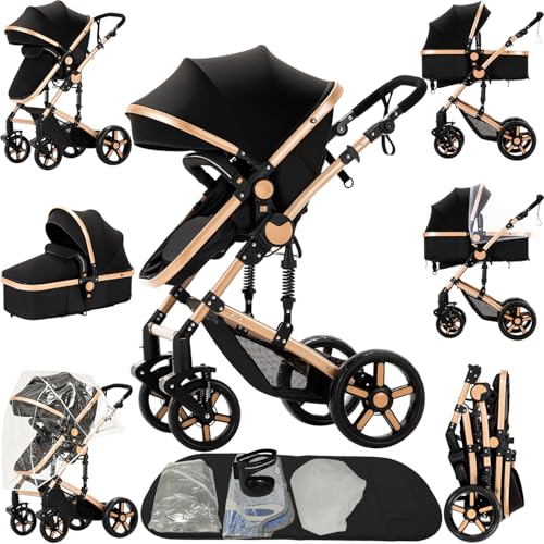 2 in 1 Baby Stroller, Convertible Foldable Standard Stroller, Reversible Pushchair Infant Buggy Carriage, Portable High Landscape Pram for Toddler Newborn, Aluminum Alloy (2US588-BG)