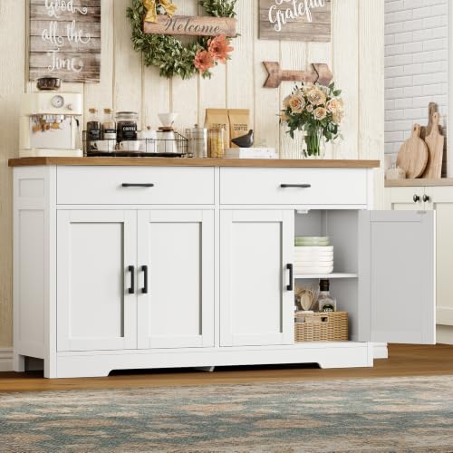 TEENFON 120cm Buffet Salle a Manger, Meuble Cuisine avec 2 Tiroirs et 4 Portes, Buffet Cuisine à Étagères Réglables, pour Salon, Cuisine – Blanc,...