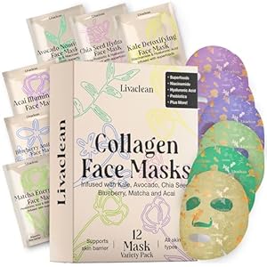 LivaClean 12 CT Face Masks Skincare – Collagen Sheet Mask – Hydrating Face Masks Bulk with Glycerin, Hyaluronic Acid, Aloe Vera – Soothing, Refreshing, Moisturizing Formula for All Skin Types
