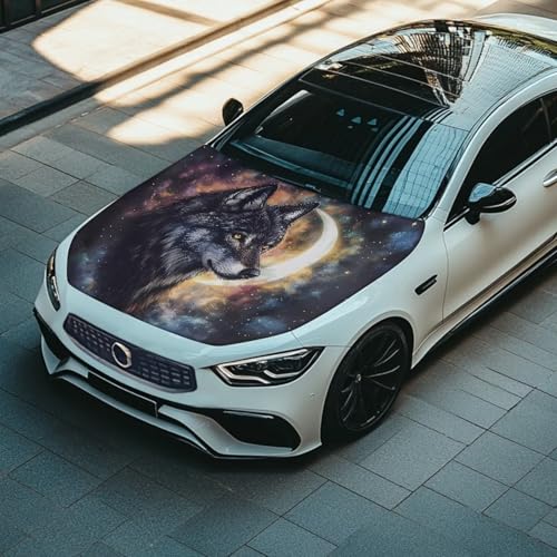 Image of Car Hood Cover Protector,Wear-Resistant Print Hood Covers for Cars,Universal Accessories for Decoration Black Wolf Moon Print Design