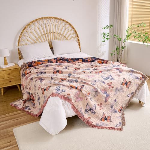 Image of VANJOROY Boho Throw Blanket, 100% Organic Cotton Breathable Ultra Soft 60 inch x 80 inch Bed Quilt Throw - All Season Floral Rustic Farmhouse Decor Luxury Reversible Blanket for Sofa Couch Chair and Gift