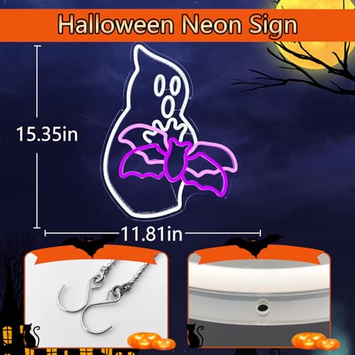 Image of Halloween Neon Sign Dimmable Flying Neon Bat Sign for Wall Decor Halloween Ghost Window Light Up Sign Led Bats Party Decoration for Bedroom, Kids Room, Indoor Decor