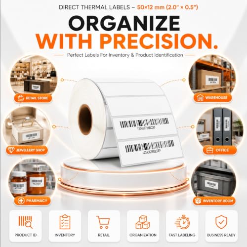 Image of Direct Thermal Labels (Pack of 10, 50mm x 12mm - 500Labels /Roll) - Non Tearable, Scratch Free, Water Proof & Non Fade Stickers with Permanent Marking