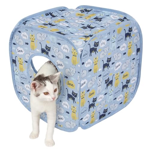 Image of Kitty City Cat Print Pop-Up Play Cube, Collapsible Indoor Hideout with Peekaboo Openings, Lightweight Foldable Cube for Play & Lounging, Blue