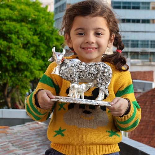 Image of Kamdhenu Cow with Calf Idol for Home Decor | Metal Cow Statue with Intricate Embossed Design | Vastu & Pooja Decorative Showpiece | Temple, Office, Housewarming & Gift Item (Silver)