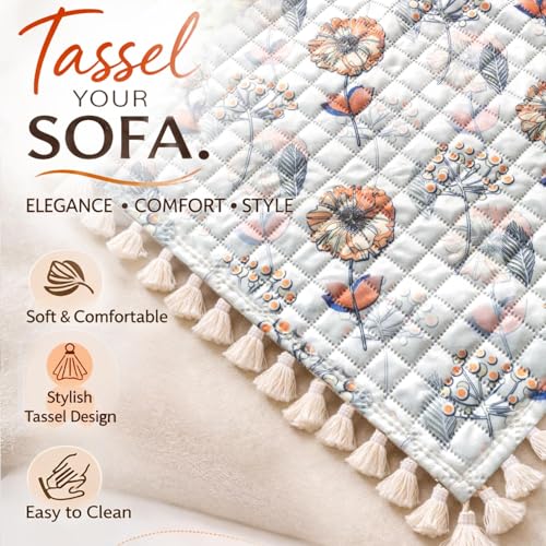 Image of HOKIPO Wildflower Breeze Quilted Sofa Cover 5 Seater Set - Washable 3+1+1 Sofa Cover for Seat & Back with Tassel Design | 'Tassel Twigs' Series (NEW-IN-991-T7 + IN-989-T7)