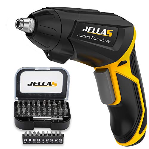 Atornillador Eléctrico, Jellas Destornillador Eléctrico Carga Rápida 2000 mAh 3,6 V Iones de Iitio con Mango Ajustable, 10+1 Engranajes de Torque, Bloqueo Automático, LED luz, USB y 40PCS Accesorios