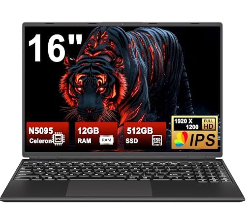 2025 Gaming Laptop 16 Zoll Win11 12+512GB SSD Unterstützung 2TB(HDD-2TB) 1920x1200 Notebook 4-Core Celeron N5095 (bis 2.9GHz) Laptop mit Nummerntastatur WiFi Mini HDMI Deutscher Tastaturschutz-Schwarz