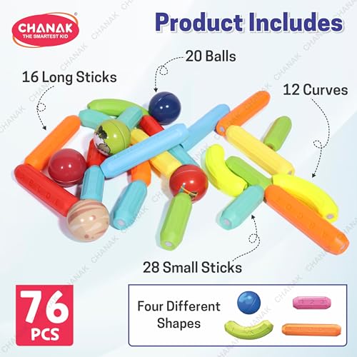 Image of Chanak 76 PCS Magnetic Sticks Building Blocks for Kids & Toddlers - Magnet Stick with Balls, Educational STEM Learning Safe Magnet Stick Construction - Montessori Magnetic Toy for Boys & Girls Age 3+