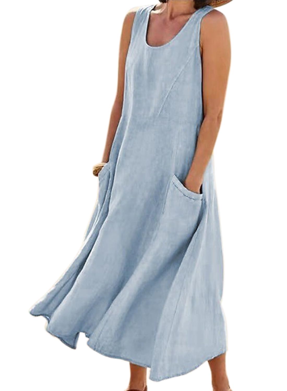ROFUSSO Vestido de Verano Mujeres Vestido de Algodón de Lino Maxi Vestido Sin Mangas Vestido de Playa Casual Cuello Redondo Elegante Boho Tank Dress con Bolsillos