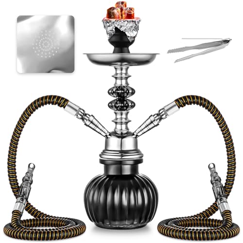 2 Hose Hookah Set With Everything - Mini Glass Pumpkin Shisha Vase, Hookah Foil (Black)