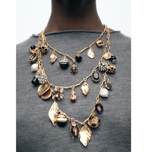 Vintage Style Charm Necklace Set Layered Gold Chain with Crystal and Pearl Heart Beaded Pendant Boho Long Chain Necklace for Women2