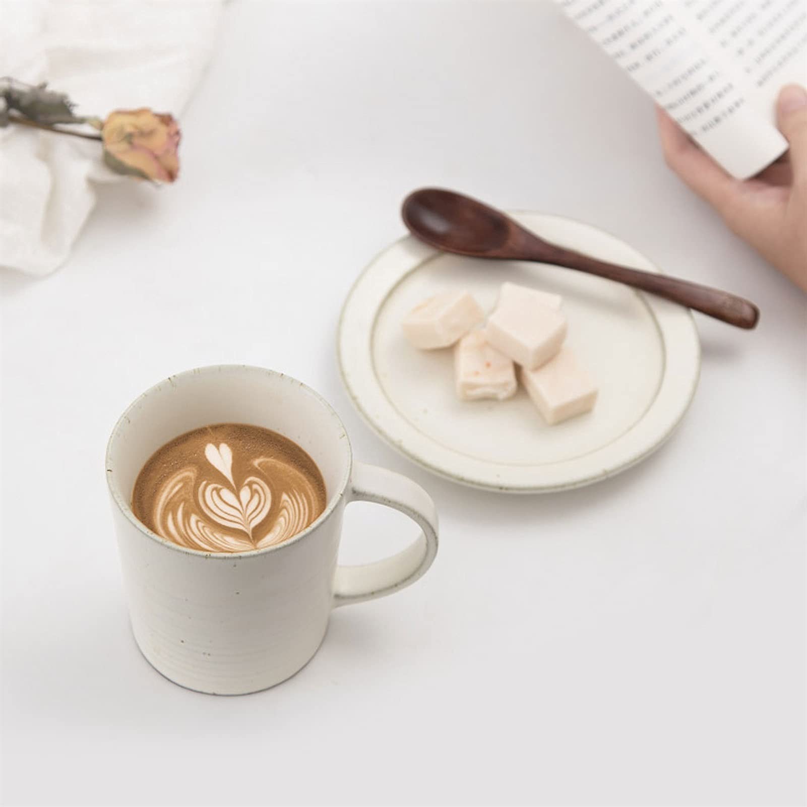 Taza de café Café, taza de té Tazas de espresso de porcelana con platillos a juego Taza de café de porcelana premium- 7.8 onzas, juego blanco de s (A)