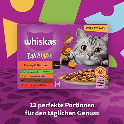 Whiskas 1+ Katzenfutter Tasty Mix Country Collection in Sauce, 24x85g (2 Packungen) – Hochwertiges Nassfutter für ausgewachsene Katzen in 48 Portionsbeuteln