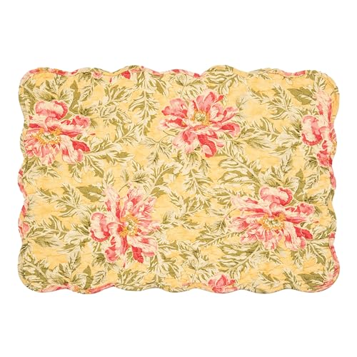Image of Freya Green Leaves & Pink Flowers Vintage 100% Cotton Placemats 13 inch x 19 inch