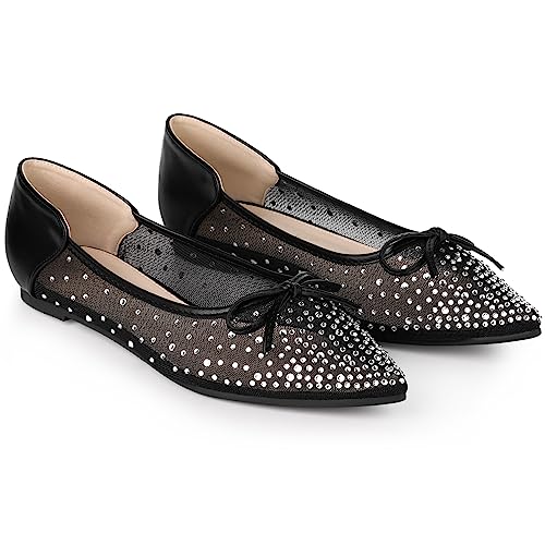 Allegra K Women's Pointed Toe Bow Rhinestone Mesh Ballerina Flats