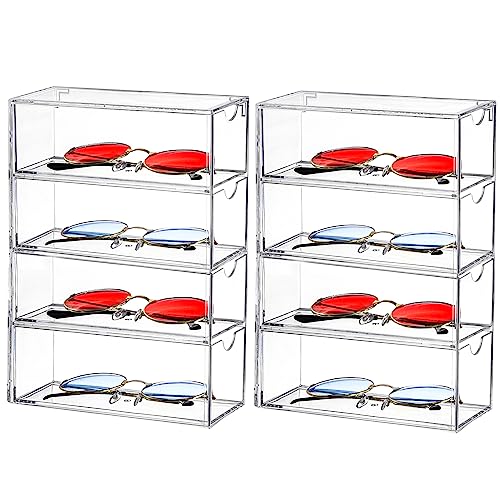 Nicunom 2 Pack Sunglasses Organizer Acrylic, Clear Eyeglasses Case with 4 Drawers, Eyewear Storage Display Case, Stackable Eyeglasses Holder for Women & Men Eyewear