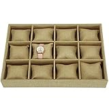 Hedume Burlap Jewelry Display, 12 Slot Sackcloth Watch Jewelry Bracelet Tray, Linen Watch Large...