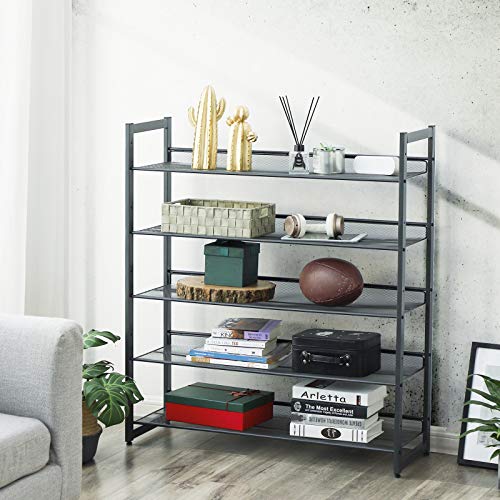 Image of SONGMICS Shoe Rack, 5-Tier Stackable Shoe Storage Shelf, Metal Mesh, Flat or Angled Shoe Organizer for 20 to 25 Pairs of Shoes, Short Boots, High Heels, Cool Gray ULMR05GB