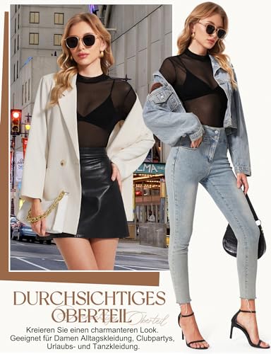 Kiiwah Damen Mesh Transparentes NetzoberteilSexy Schwarz T-ShirtDurchsichtig LangarmshirtBluseTunikaClubwearParty