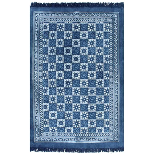vidaXL Tapis Kilim Coton 120x180 cm Motif Bleu Salon Chambre à Coucher Carpet