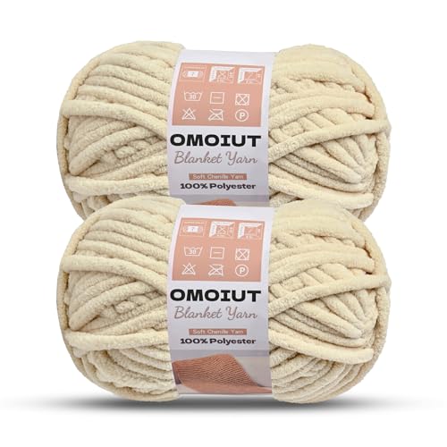 Image of OMoiout Chunky Chenille Yarn for Crocheting, 2 Pack Soft Baby Blanket Yarn, #7 Super Bulky, Chunky Knit Blanket Crochet Yarn, 14 oz /218.7 yds Fluffy Velvet Amigurumi Yarn(2 Beige)