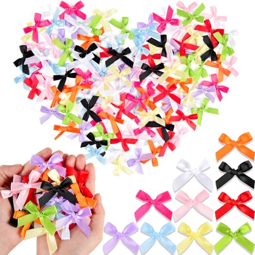 NEBURORA 100 Pcs Mini Colorful Bows Small Satin Fabric Ribbons Bow with Dot Stickers for Gift Wrapping Cake Card DIY Crafts Clothes Ornament Party Decorations
