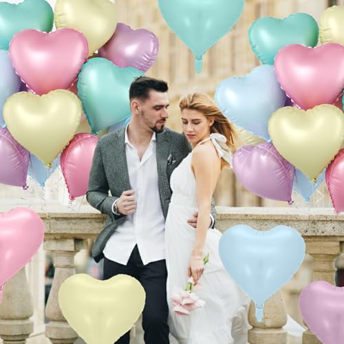 Image of Pastel Heart Balloons, 10 Pcs Macaron Heart Shape Balloon, 18 Inch Pastel Pink Purple Teal Blue Yellow Foil Valentines Balloons for Kids Candy Birthday Wedding Baby Shower Easter Party Decorations