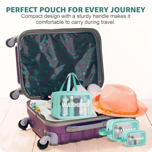Image of Makeup Pouch Bag PVC Travel Toiletries Organizer Cosmetic Bags Wash Bag Pouch for Travel Kit Toiletry Bag Portable Organizer Case Carry Pouch for Women Bathroom Set of 3 (Green)