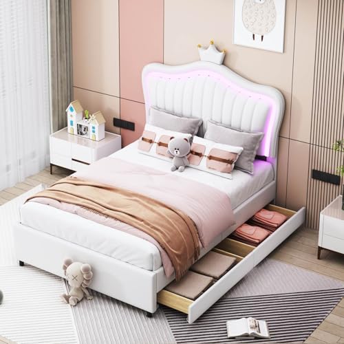 KOMHTOM Lit Princesse Lit de Rangement avec LED Lit Coffre avec sommier à Lattes 90x200m avec...