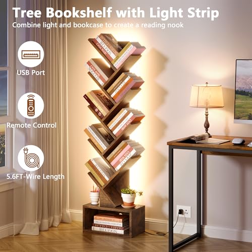 Image of Hoctieon 9 Tier Tree Bookshelf, Tall Bookcase, Freestanding Book Shelf with LED Lights, Display Floor Standing Storage Shelf, Book Organizer Shelves for Home Office, Living Room, Rustic Brown