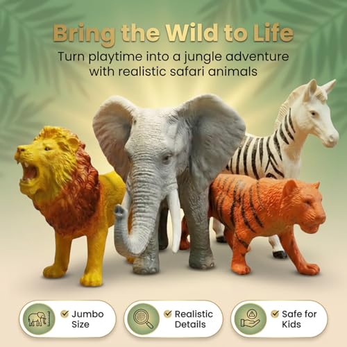 Image of ZESTHOME Safari Animal Toy Set Big Size | Jungle Animal Figures Elephant Lion Tiger Zebra | Realistic Educational Toys for Kids | Learning & Play | Gift Set