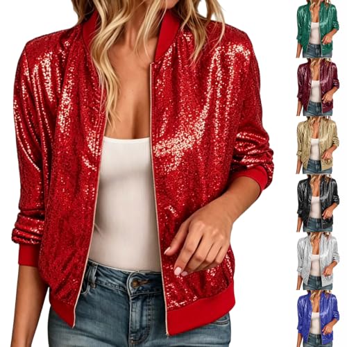 Gryvoilet Women Sequin Bomber Jacket Zip Up Long Sleeve Rib Collar Rib Cuff Sparkly Glitter Cropped Outerwear Coat with Pockets for Party Club - image 1