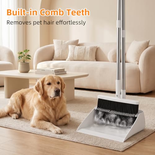Image of Broom with Dustpan Combo Set, 53 inch Long Handle, Includes 2 Broom Heads | Collapsible Broom and Dustpan Set, 180 Swivel Broom Head, 360 Lockable Dustpan, Built-in Hair Comb