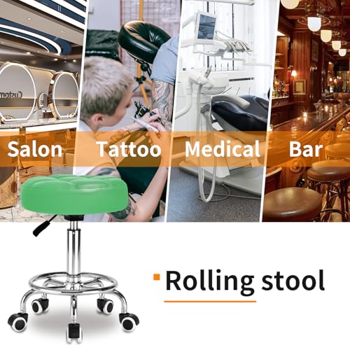 Image of Rolling Stool PU Leather Round - Ultra Soft Padded Seat Cushion Stool with Wheels with Footrest, Weight Capacity 300lb,Adjustable Height Stool for Tattoo Massage Salon Medical Spa Center (Green)