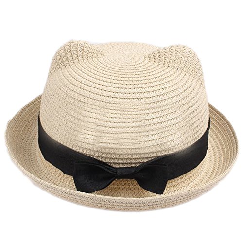 Eyourlife2012 Girl's Vintage Cat Ear Bowler Straw Hat Sun Summer Beach Cap (Biege) #TOP15