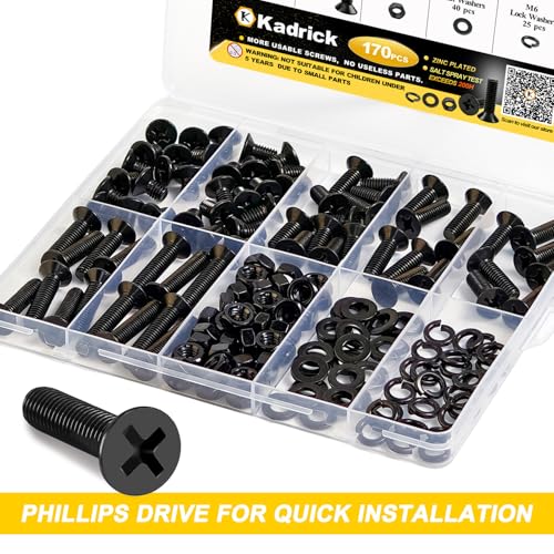 Image of KADRICK 170Pcs M6 Countersunk Screws,M6 Flat Head Screws,Phillips Bolts Nuts Washers Assortment Kit,Zinc Plated,Lenth of 10MM-30MM