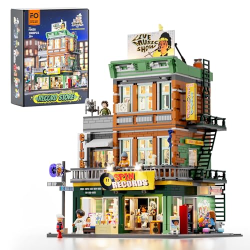 FUNWHOLE Tienda de Discos con Iluminación - Set de Ladrillos de Construcción Modular Multiforma de la Colección Street Fusion City Town, 1980 Piezas para Adultos, Adolescentes y Amantes de la Música