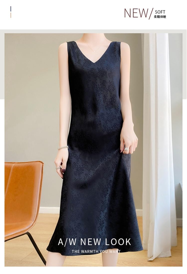 Abito Donna Abito Estivo da Donna in Raso Senza Maniche con Scollo A V Abito Midi Jacquard Floreale Abito Lungo A Trapezio Fluido per Donna Elegante Abito Formale per Feste E Matrimoni